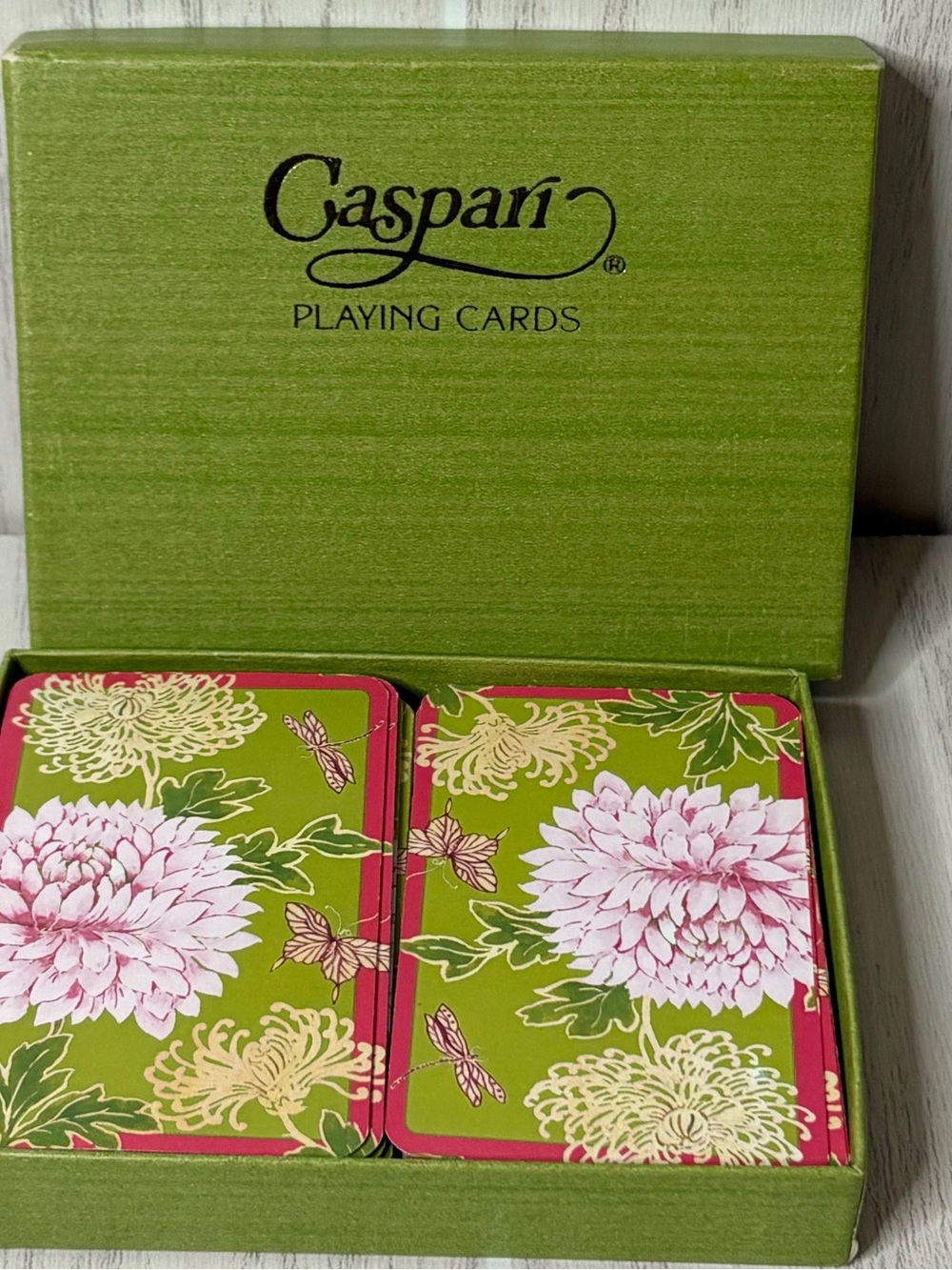 Caspari Green Floral Playing Cards - Pink Flower Design, Set of Two